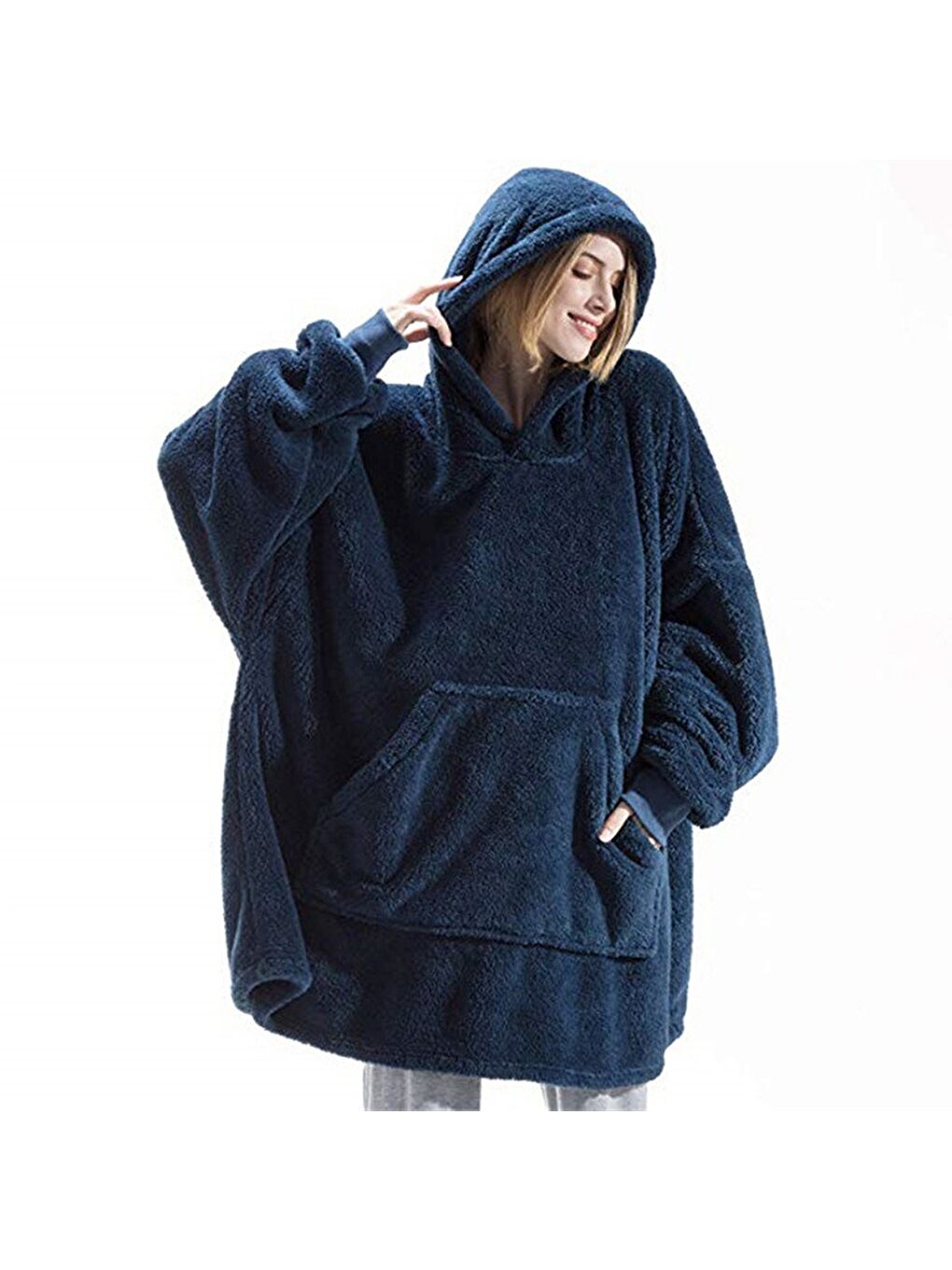 Lacivert Wellsoft Kapüşonlu Giyilebilir Tv Battaniyesi Unisex Over Size
