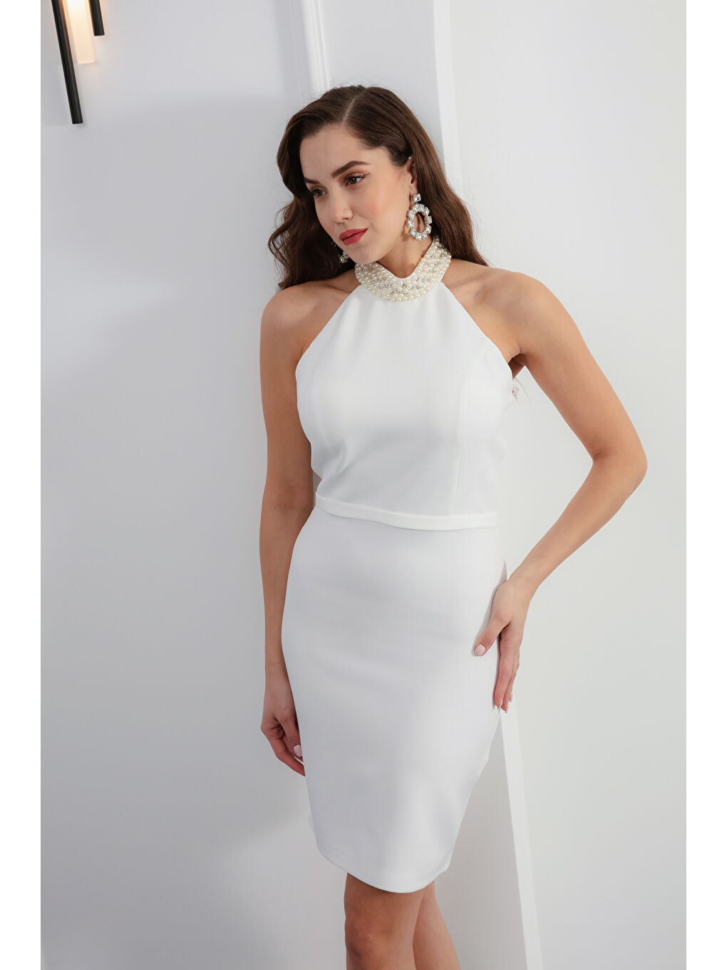 Kadın Beyaz İncili Mini Abiye Elbise-1