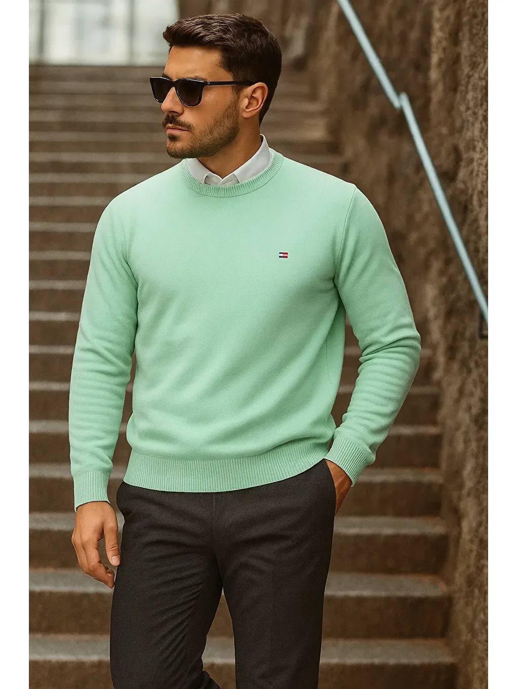 Yeşil Erkek Günlük Trend Bisiklet Yaka Mint Triko Kazak-2