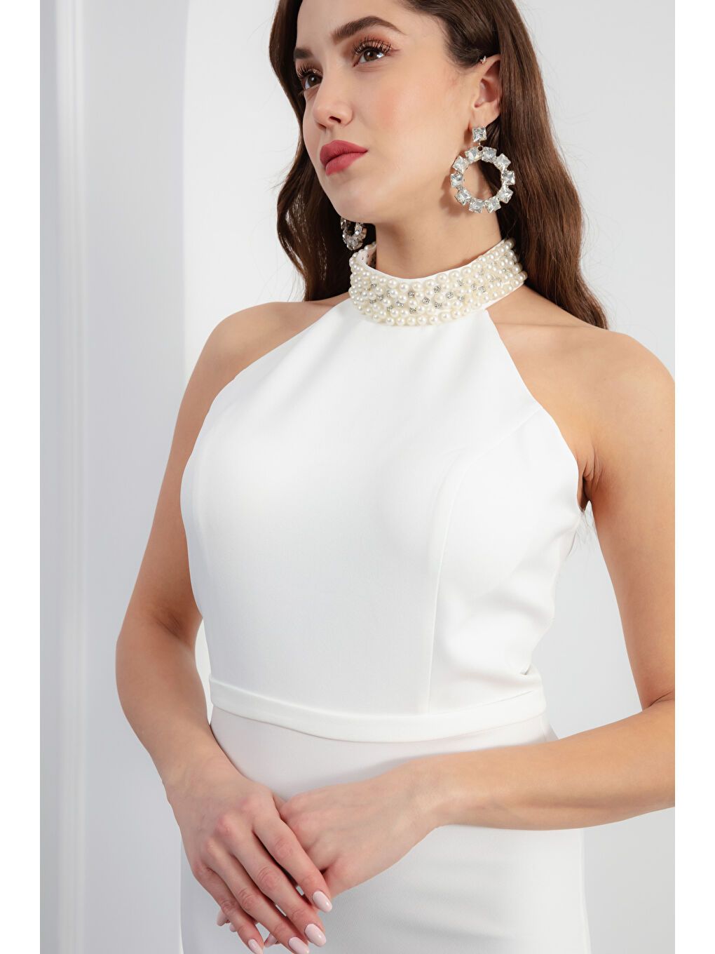 Kadın Beyaz İncili Mini Abiye Elbise-3