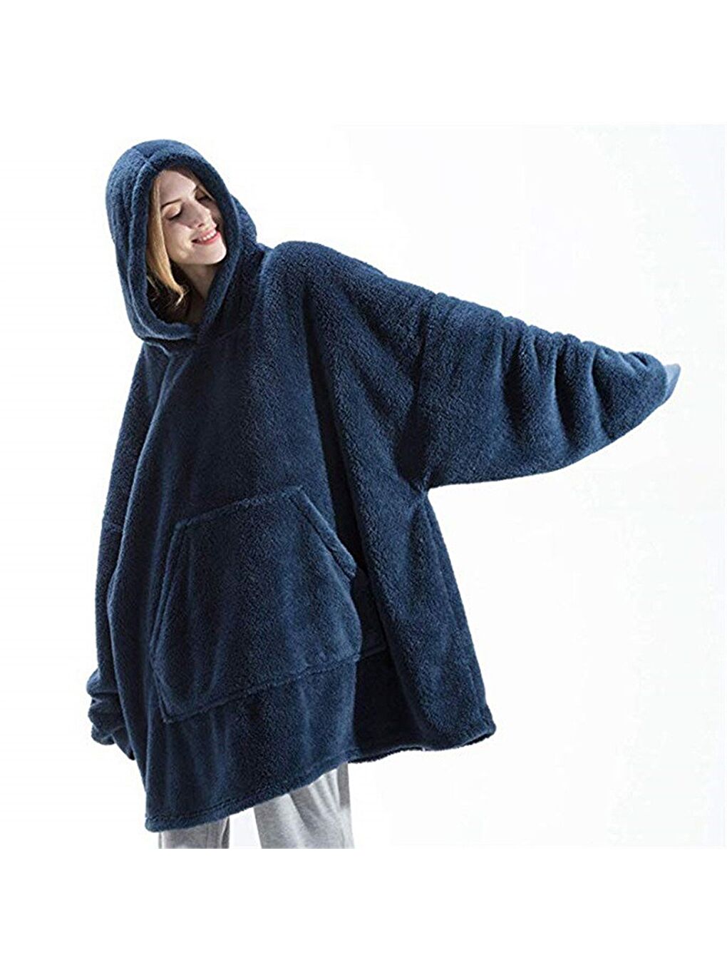 Lacivert Wellsoft Kapüşonlu Giyilebilir Tv Battaniyesi Unisex Over Size-1