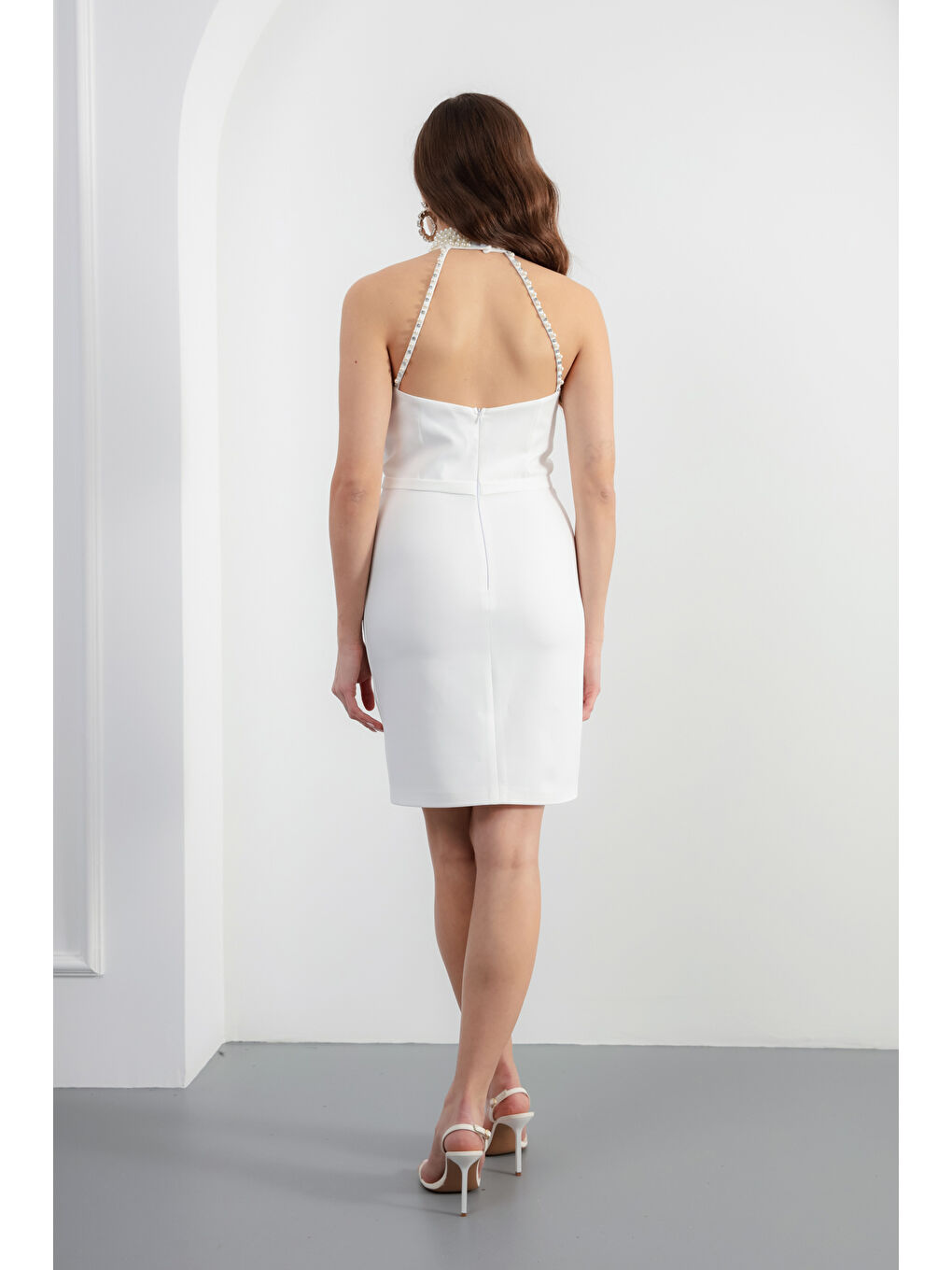 Kadın Beyaz İncili Mini Abiye Elbise-4