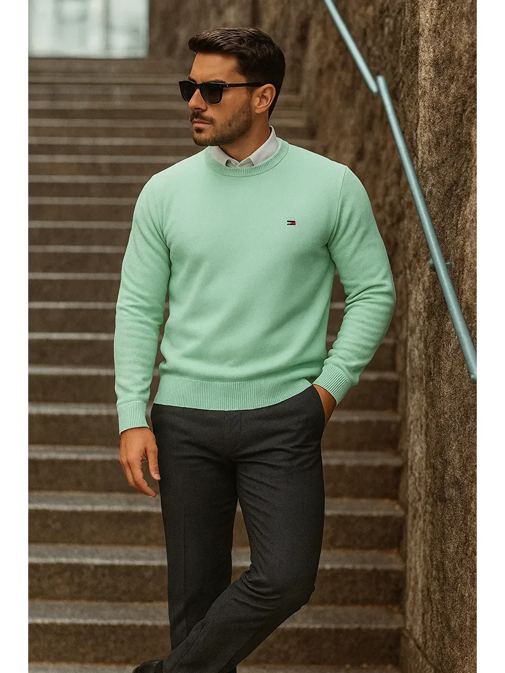 Yeşil Erkek Günlük Trend Bisiklet Yaka Mint Triko Kazak-3