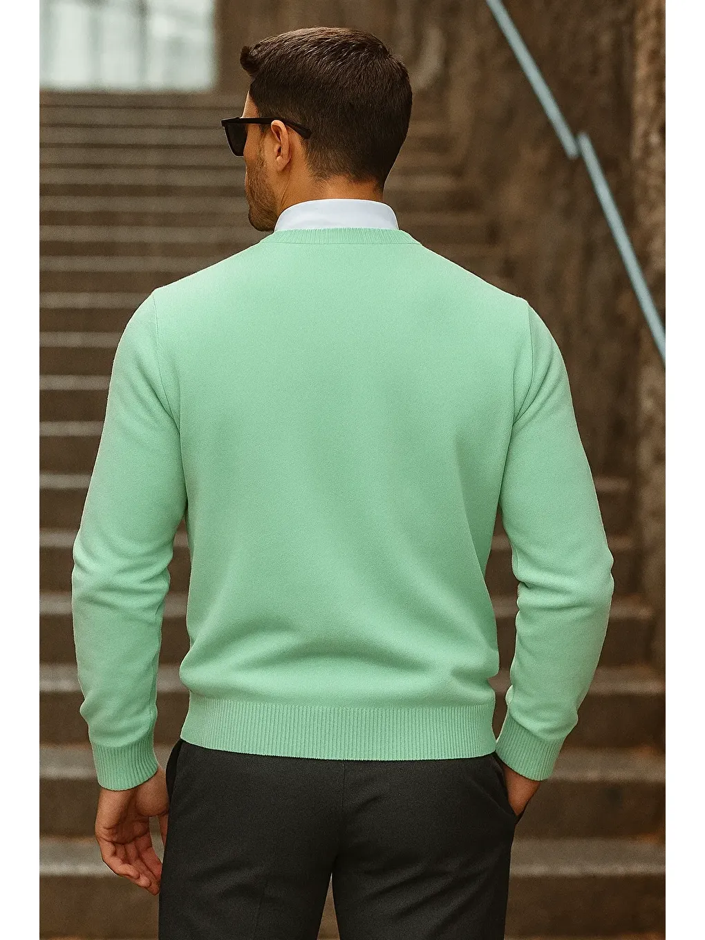 Yeşil Erkek Günlük Trend Bisiklet Yaka Mint Triko Kazak-4