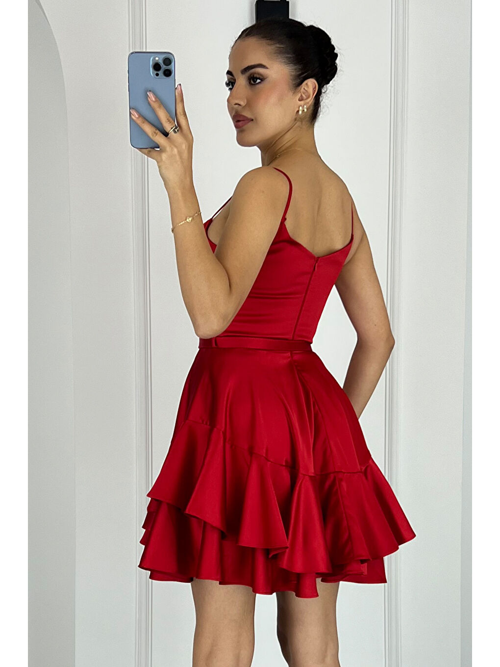 Kadın Kırmızı Askılı Kısa Saten Mezuniyet Abiye Elbise-4
