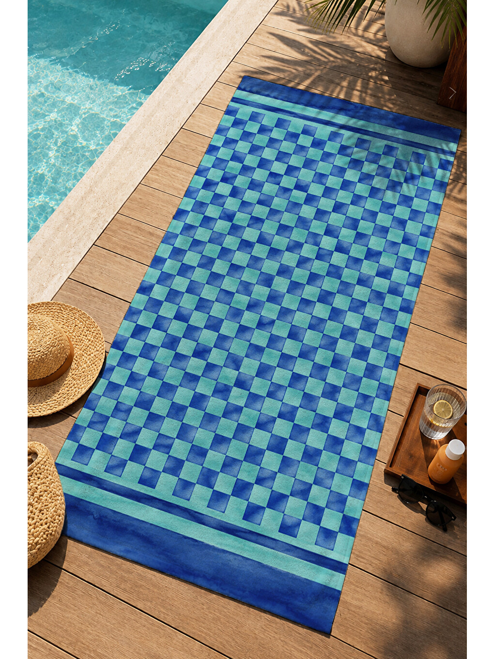 Modern Mavi Yeşil Optik Küp Geometrik Kareli Desenli 70x150 Plaj Havlusu - Pamuklu Banyo Havlusu-3