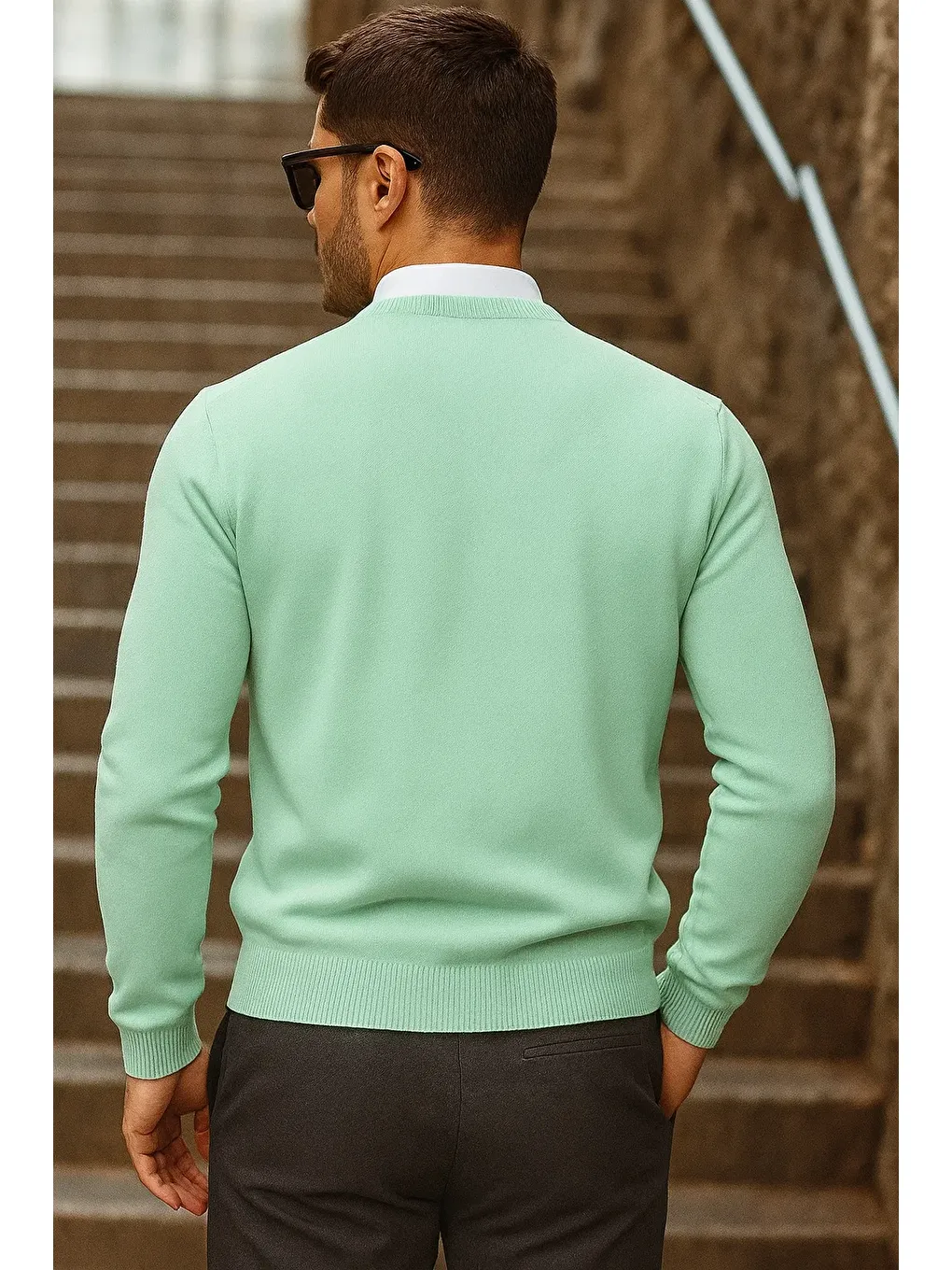 Yeşil Erkek Günlük Trend Bisiklet Yaka Mint Triko Kazak-5