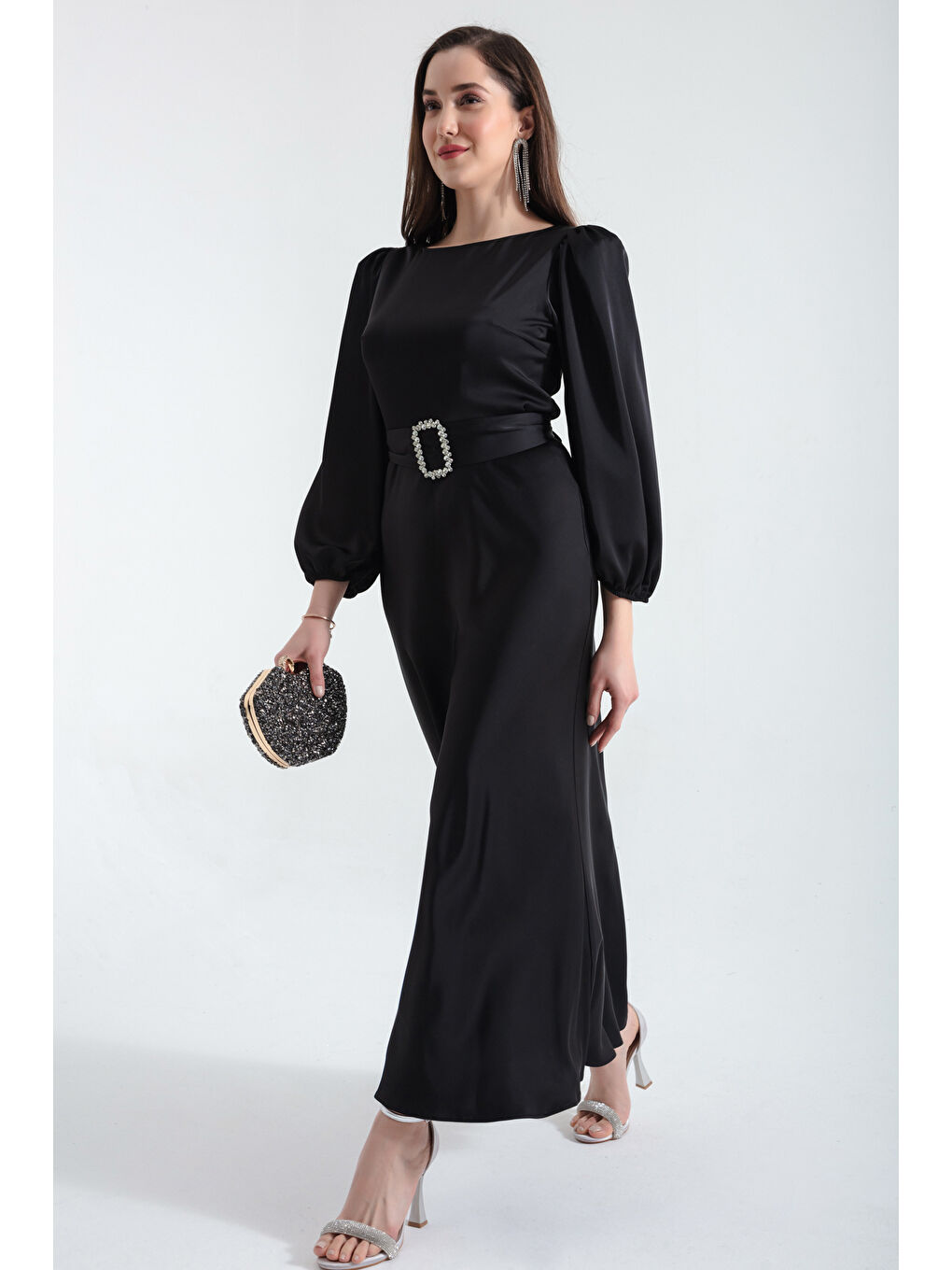 Kadın Siyah Kemerli Midi Saten Abiye Elbise-1