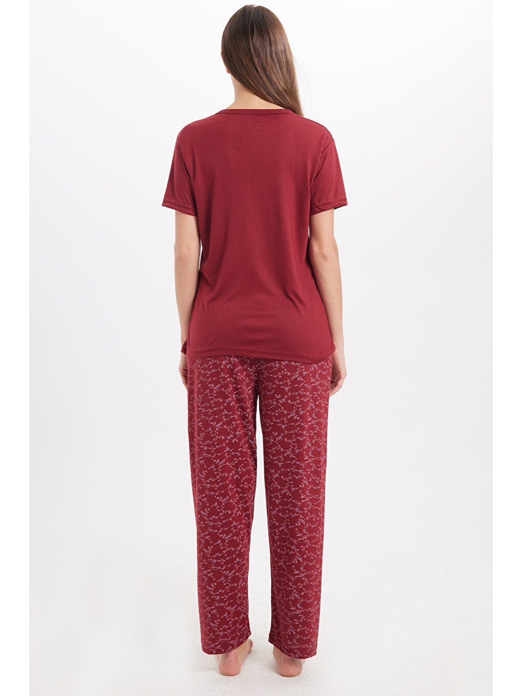 Kadın Standart Fit Normal Kesim Bisiklet Yaka Kısa Kollu Baskılı Bordo Pijama Takımı-6