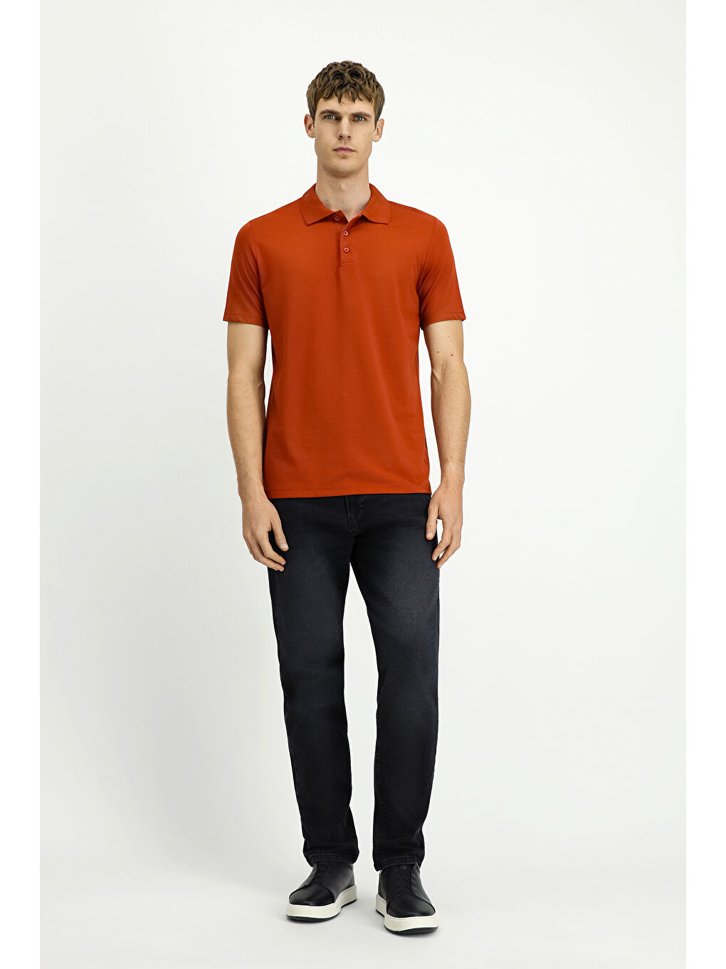 Kahverengi Polo Yaka Regular Fit Nakışlı Pamuklu Büyük Beden Tişört-1