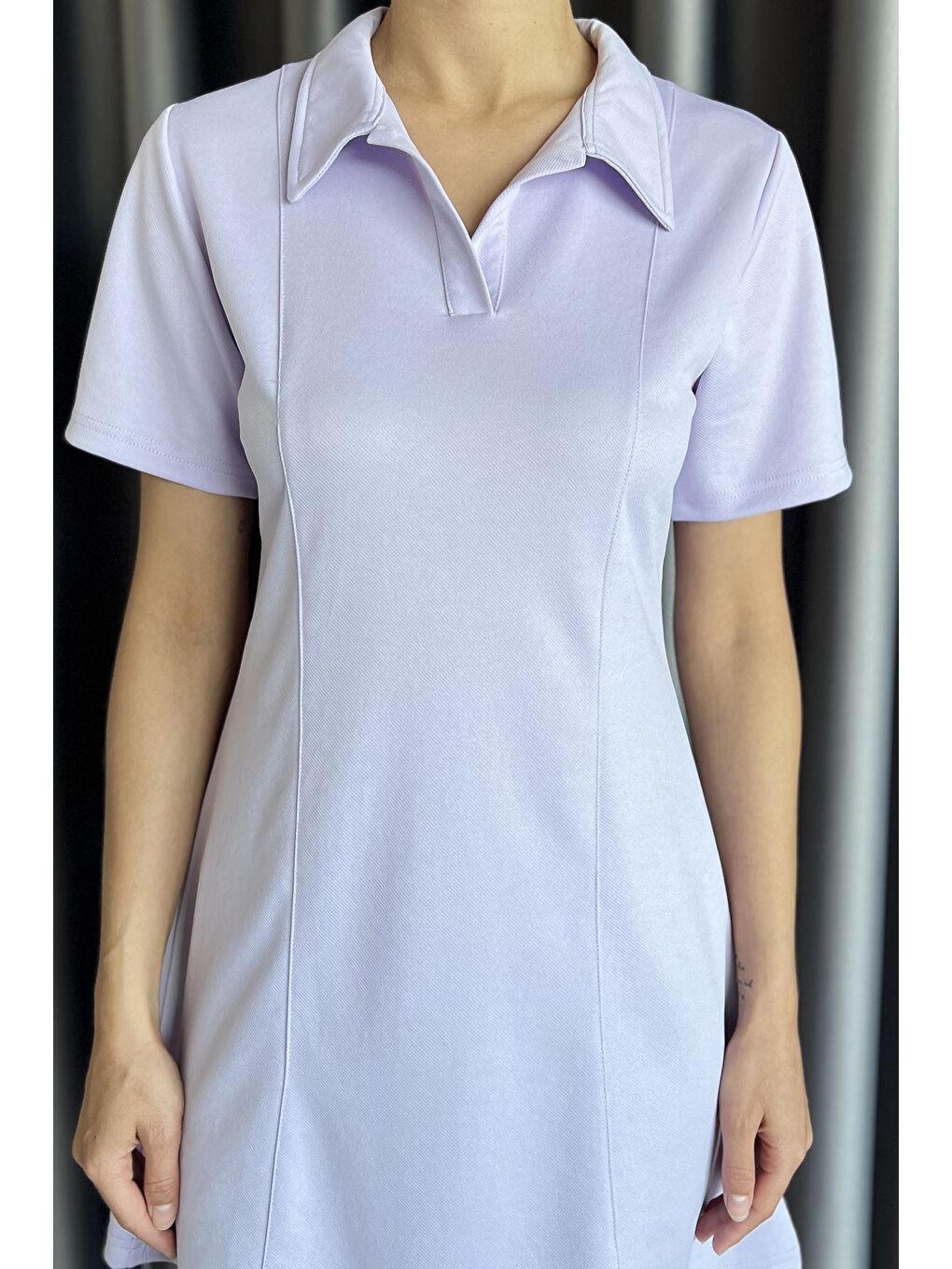 Lila Polo Yaka Kadın Mini Elbise-3
