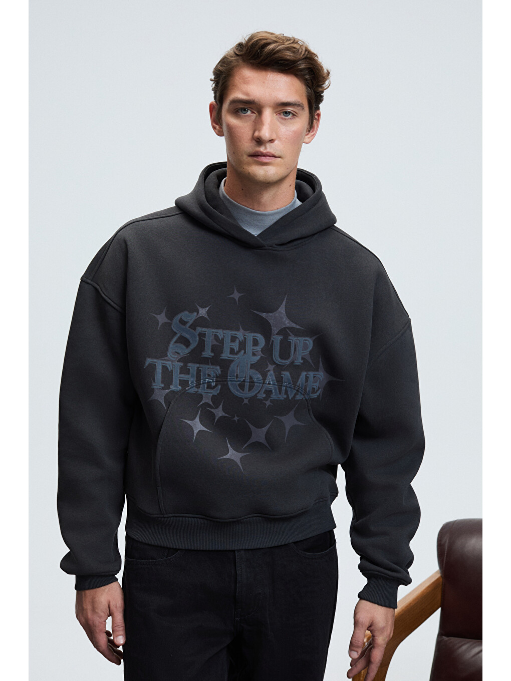 Truett Erkek Kapüşonlu Kanguru Cepli Önü Ve Sırtı Baskılı Oversize Antrasit Sweatshirt-3