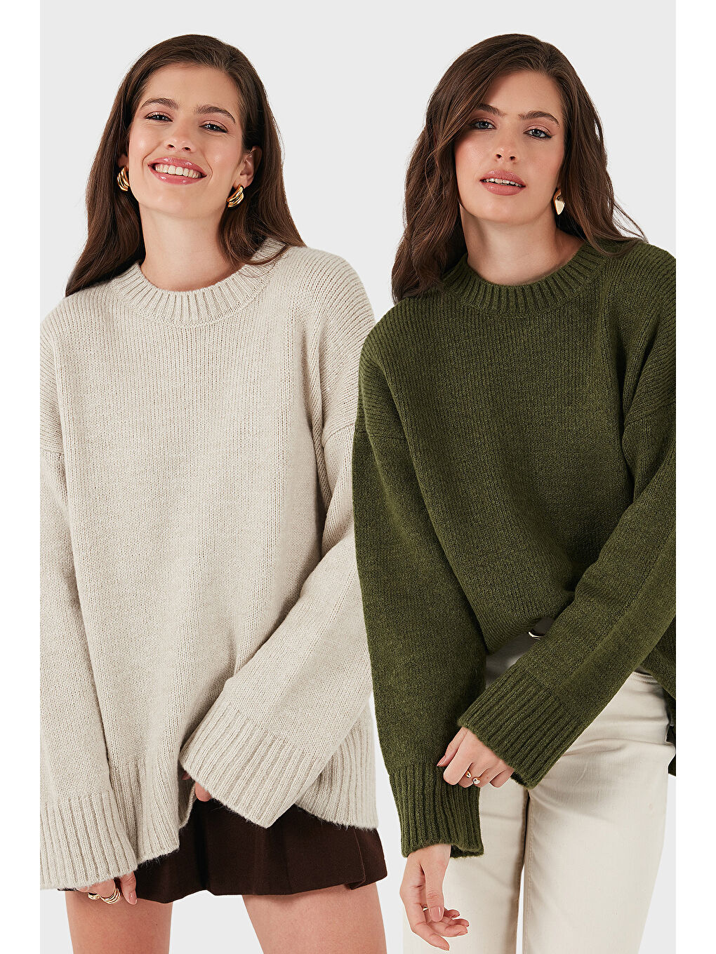 Haki Regular Fit Bisiklet Yaka Basic 2'li Paket Triko Kazak 4616213S2