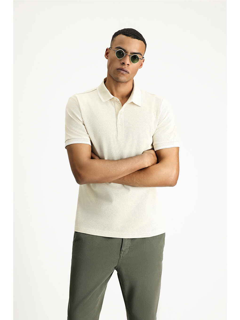 Bej Polo Yaka Regular Fit Desenli Pamuklu Tişört