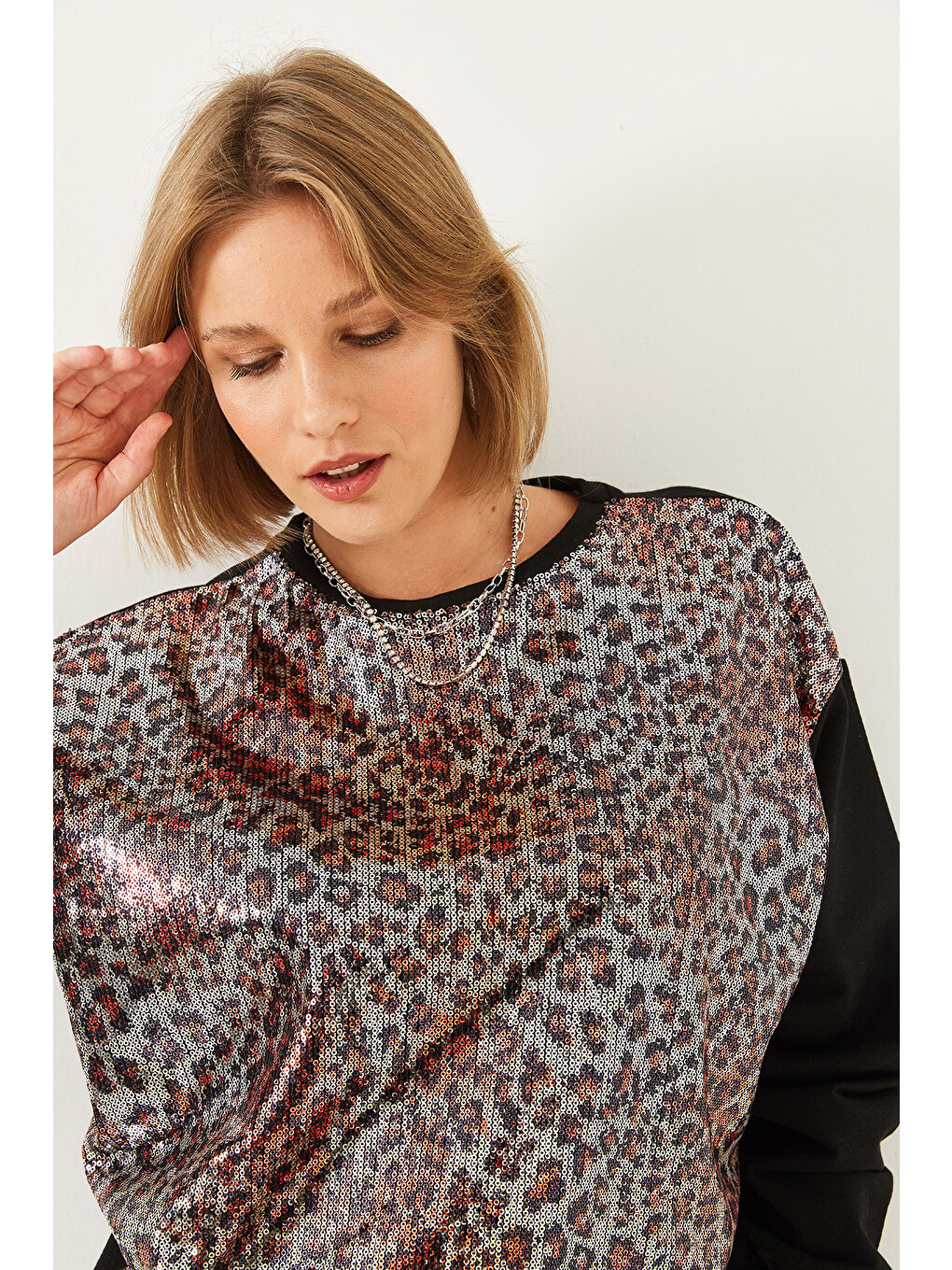 Siyah Kadın Pul Payetli Sweatshirt-2