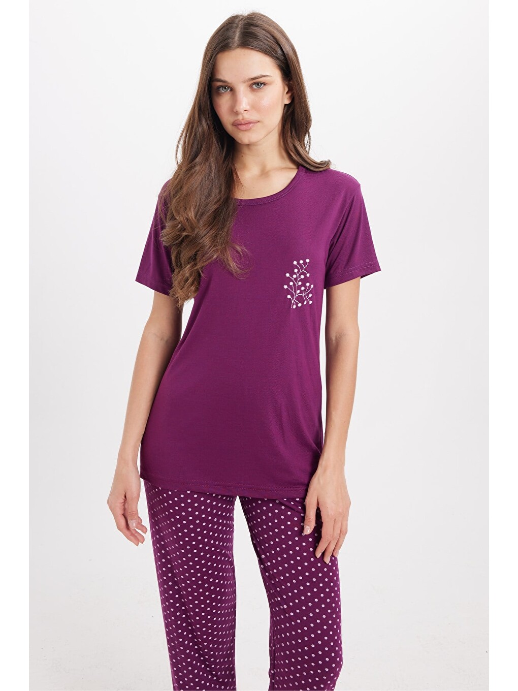 Kadın Standart Fit Normal Kesim Bisiklet Yaka Kısa Kollu Baskılı Mor Pijama Takımı-1