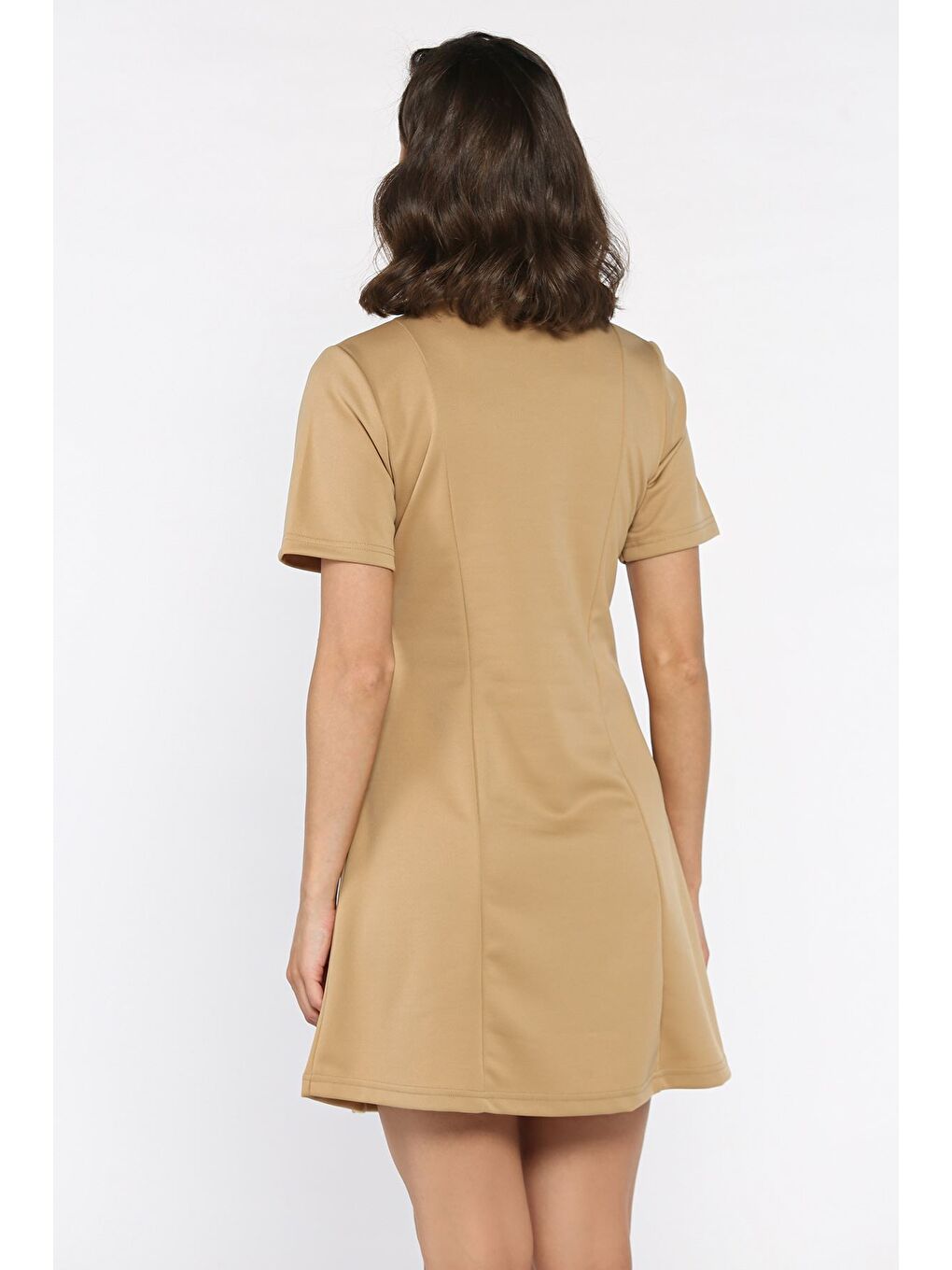 Bej Polo Yaka Kadın Mini Elbise-2