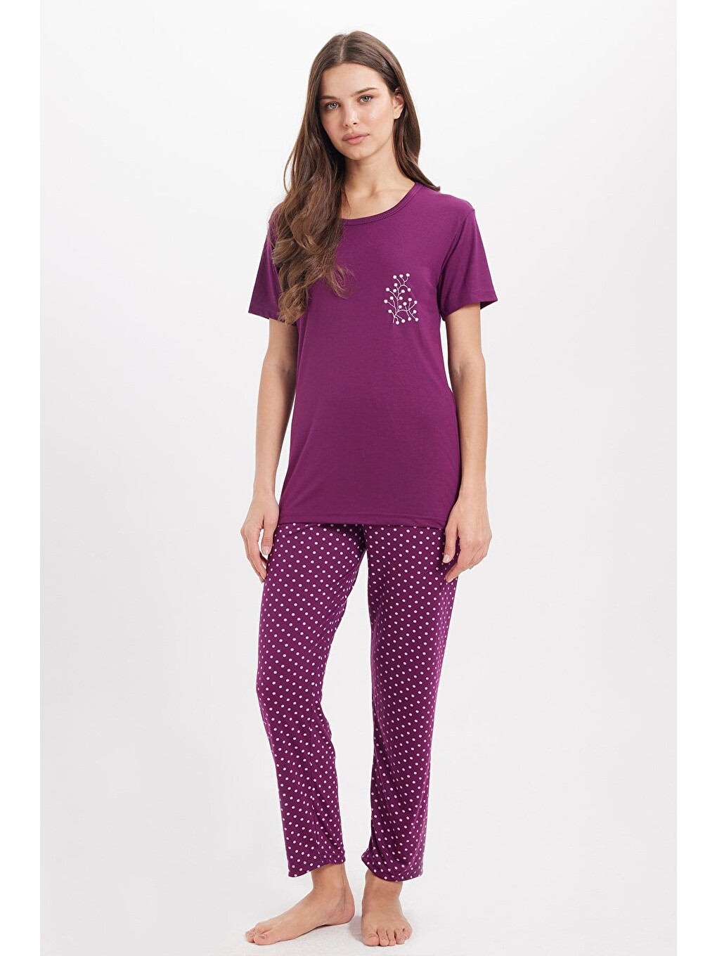 Kadın Standart Fit Normal Kesim Bisiklet Yaka Kısa Kollu Baskılı Mor Pijama Takımı-2