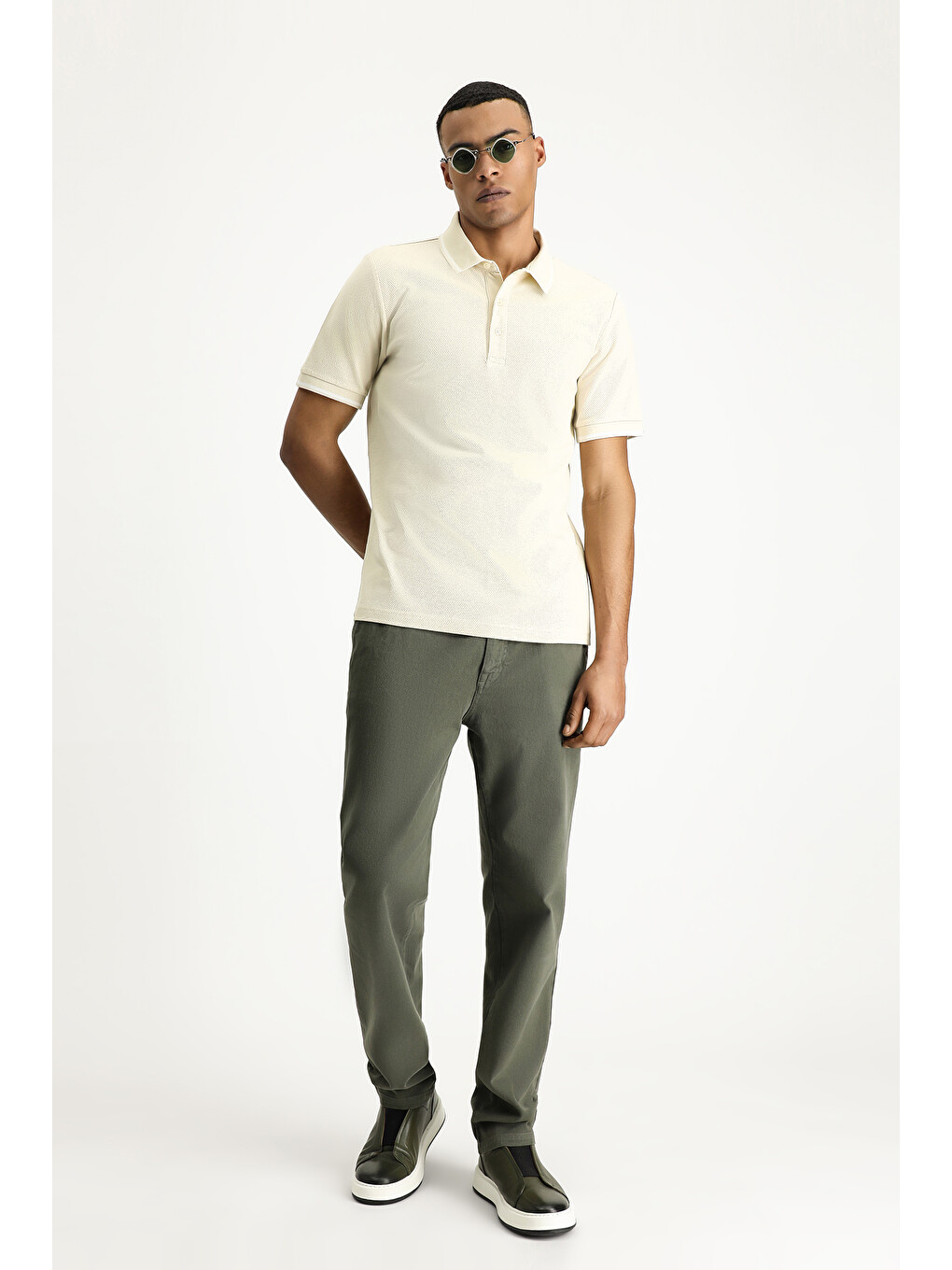 Bej Polo Yaka Regular Fit Desenli Pamuklu Tişört-1