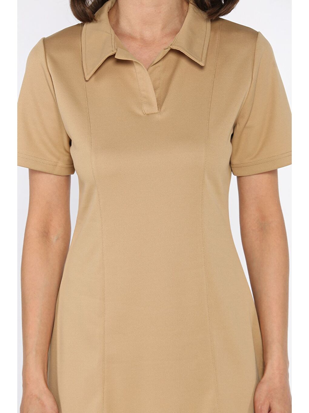 Bej Polo Yaka Kadın Mini Elbise-3