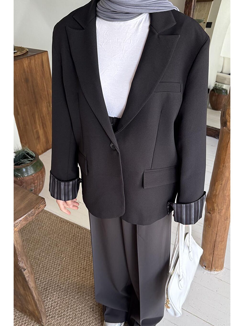 Astarı Çizgili Atlas Ceket Siyah-2