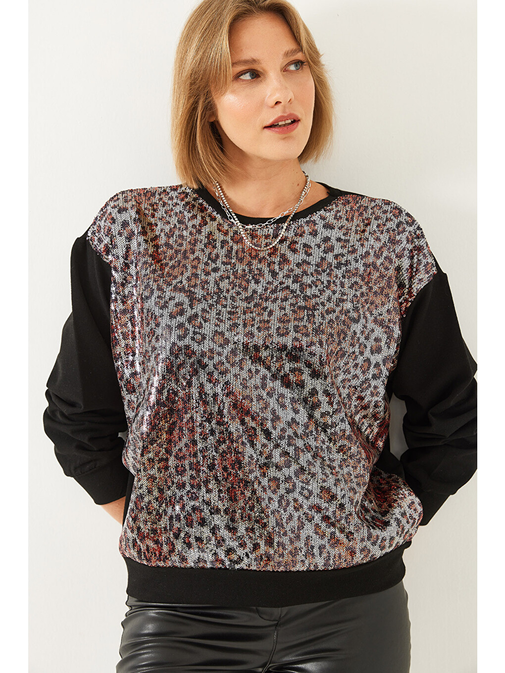 Siyah Kadın Pul Payetli Sweatshirt-4