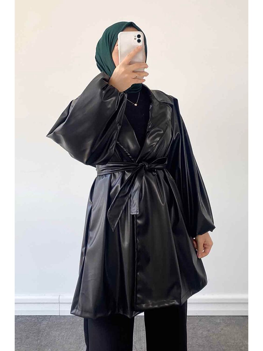 Kruvaze Yaka Deri Trenç Siyah-1