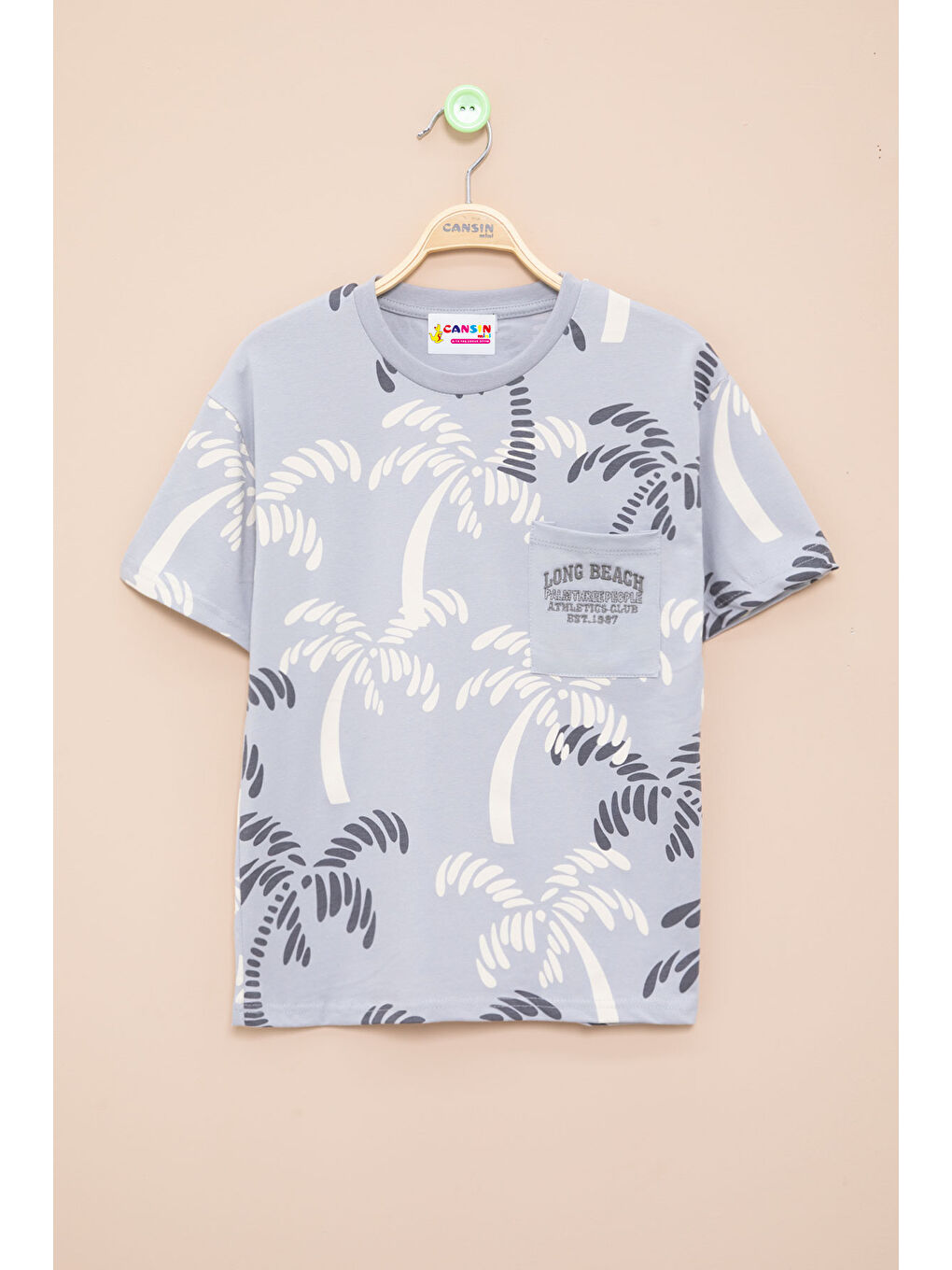 Gri Palmiye Desenli Yazılı Cepli Erkek Çocuk Bisiklet Yaka Tişört 20930