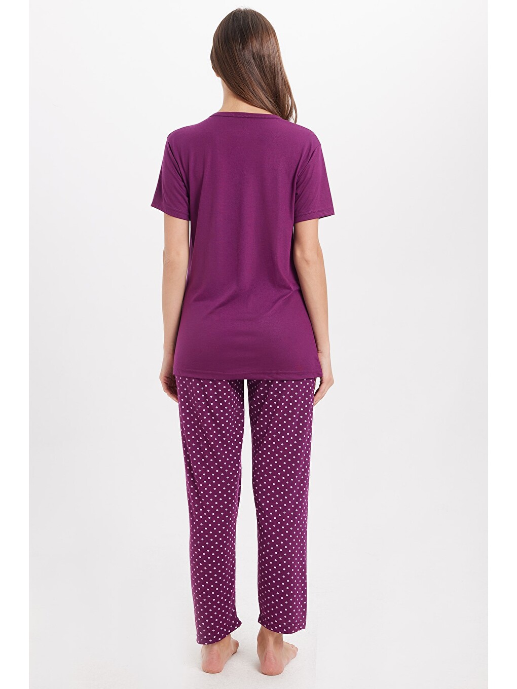 Kadın Standart Fit Normal Kesim Bisiklet Yaka Kısa Kollu Baskılı Mor Pijama Takımı-5