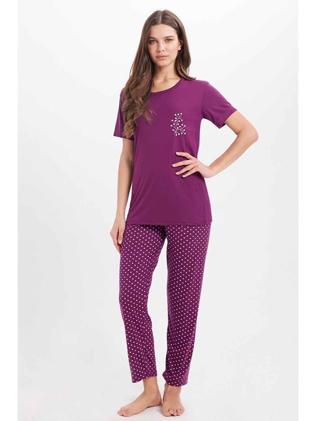 Kadın Standart Fit Normal Kesim Bisiklet Yaka Kısa Kollu Baskılı Mor Pijama Takımı-6
