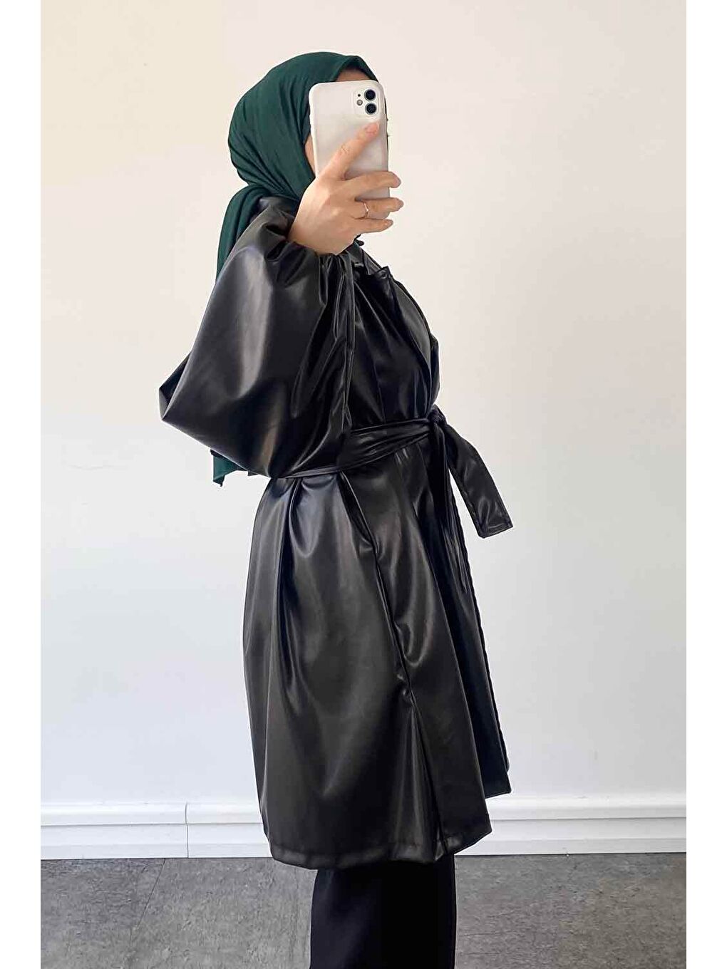 Kruvaze Yaka Deri Trenç Siyah-2