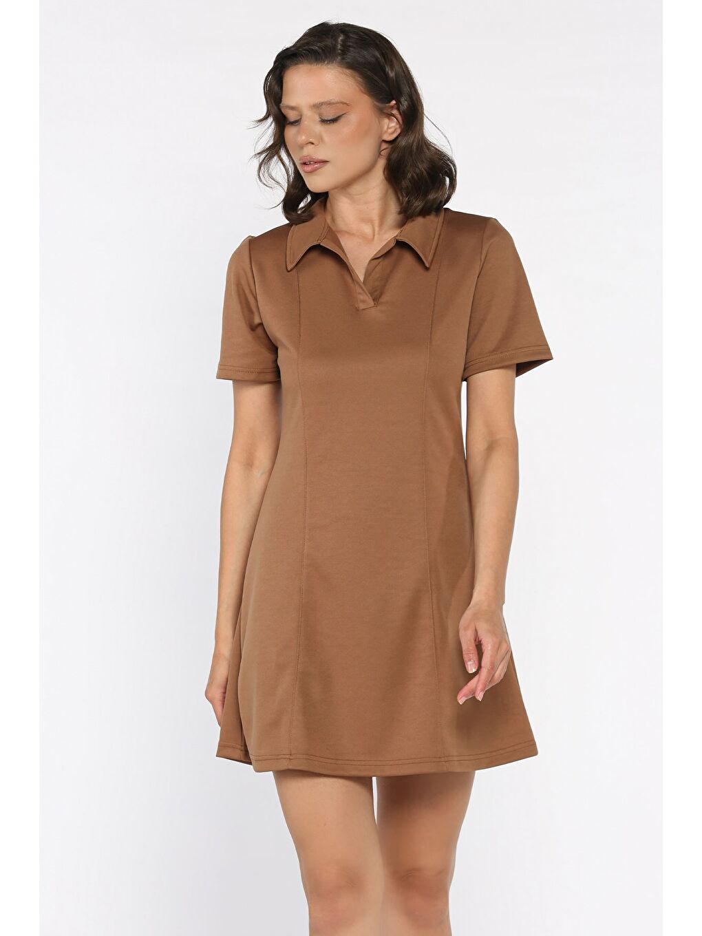 Kahverengi Polo Yaka Kadın Mini Elbise-1