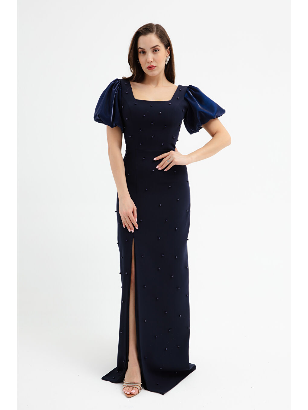 Kadın Lacivert Kare Yaka Balon Kol İncili Söz Nişan Nikah Abiye Elbise-2