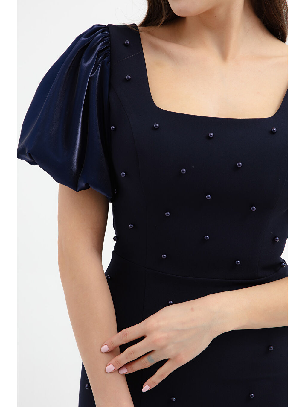 Kadın Lacivert Kare Yaka Balon Kol İncili Söz Nişan Nikah Abiye Elbise-3