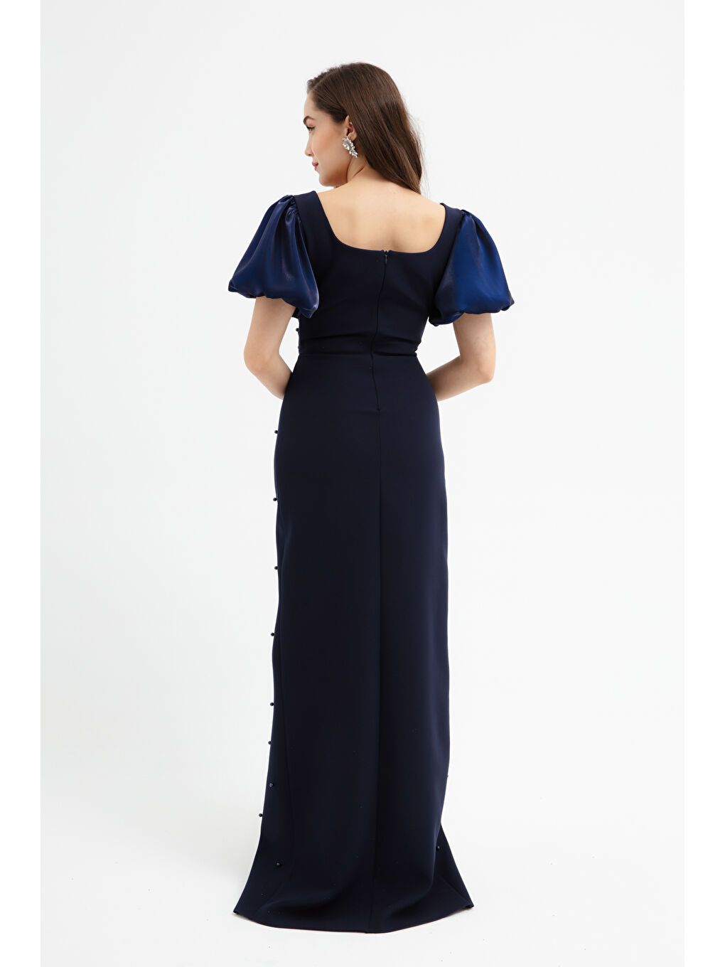 Kadın Lacivert Kare Yaka Balon Kol İncili Söz Nişan Nikah Abiye Elbise-4