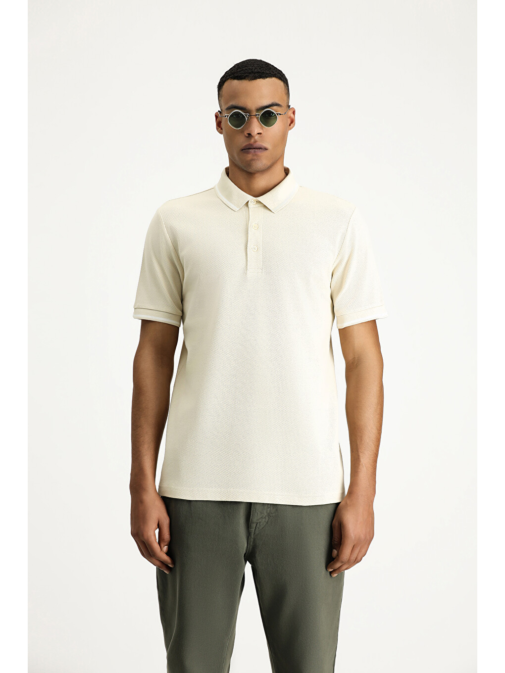 Bej Polo Yaka Regular Fit Desenli Pamuklu Tişört-2