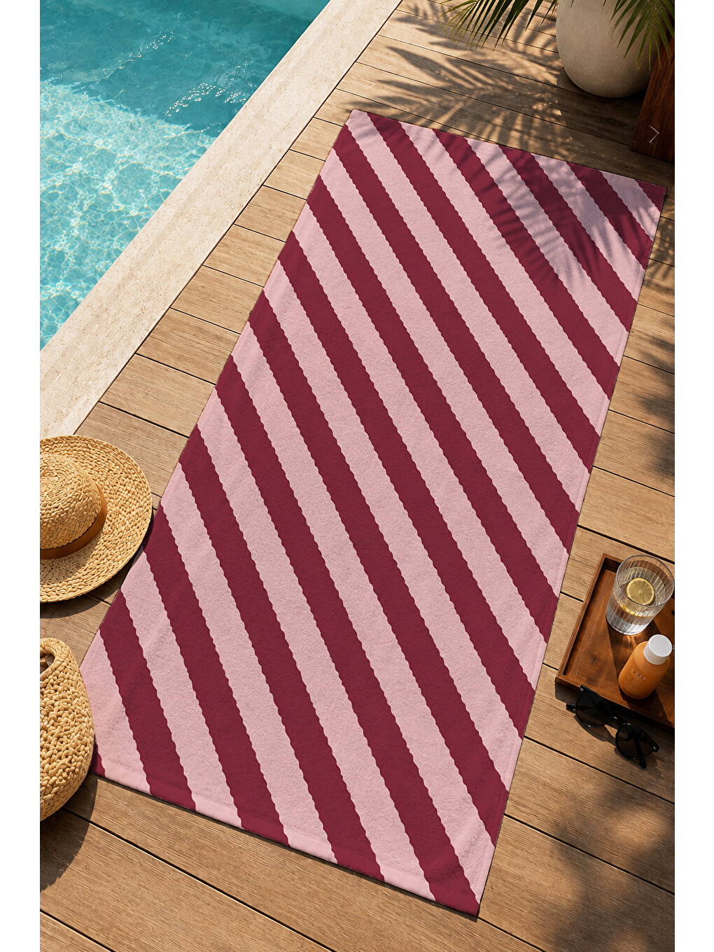 Milbay Grup Retro Bordo Pembe Çizgili Desenli 70x150 Plaj Havlusudijital Solmaz Banyo Havlusu-20024-3