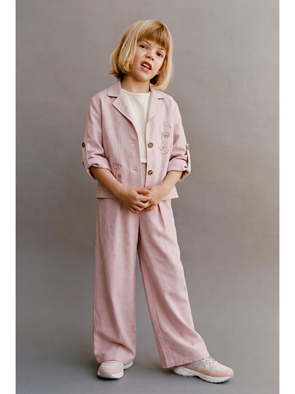 Pembe Kız Çocuk Pamuklu Pudra Nakışlı Ceket Pantolon Takım - 3'Lü