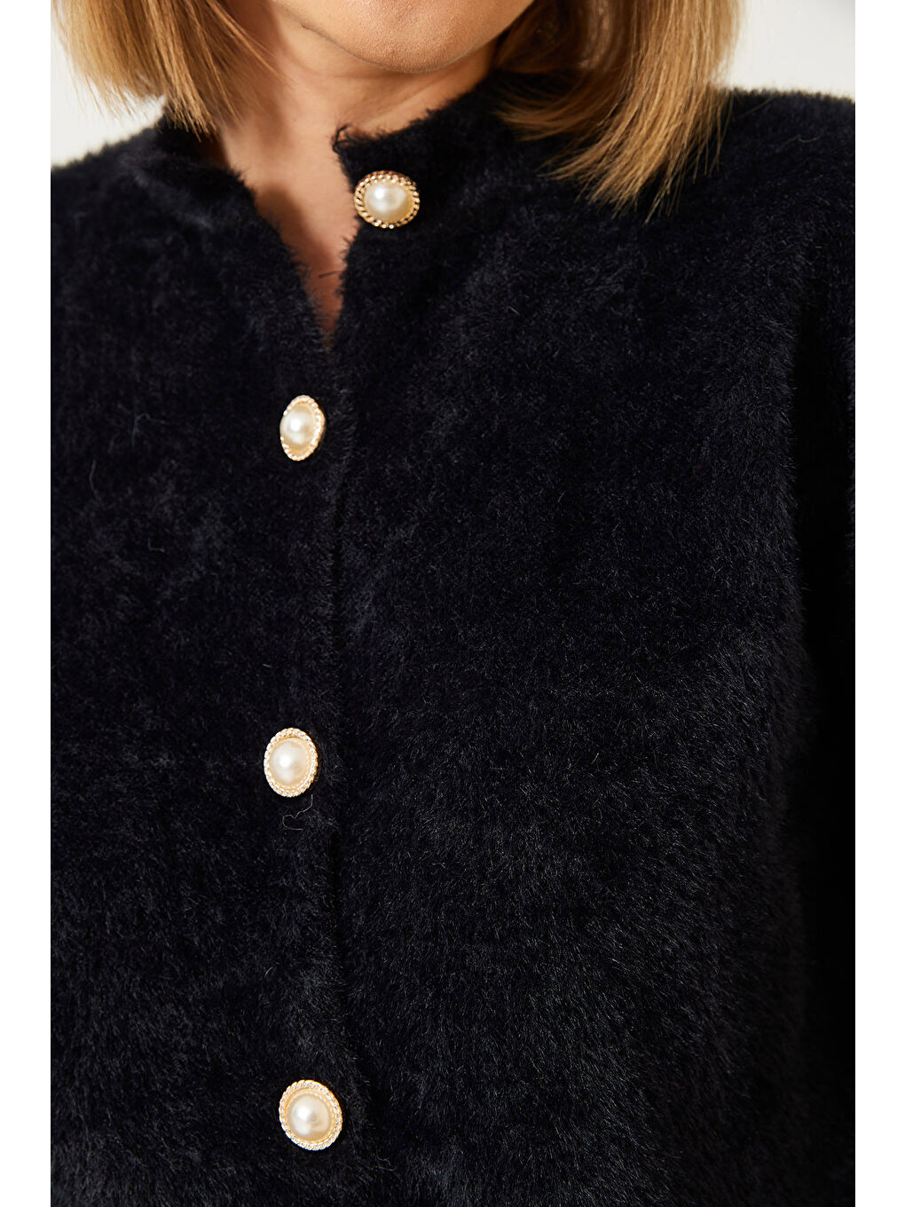 Siyah Kadın Beş Düğmeli Triko Hırka-5