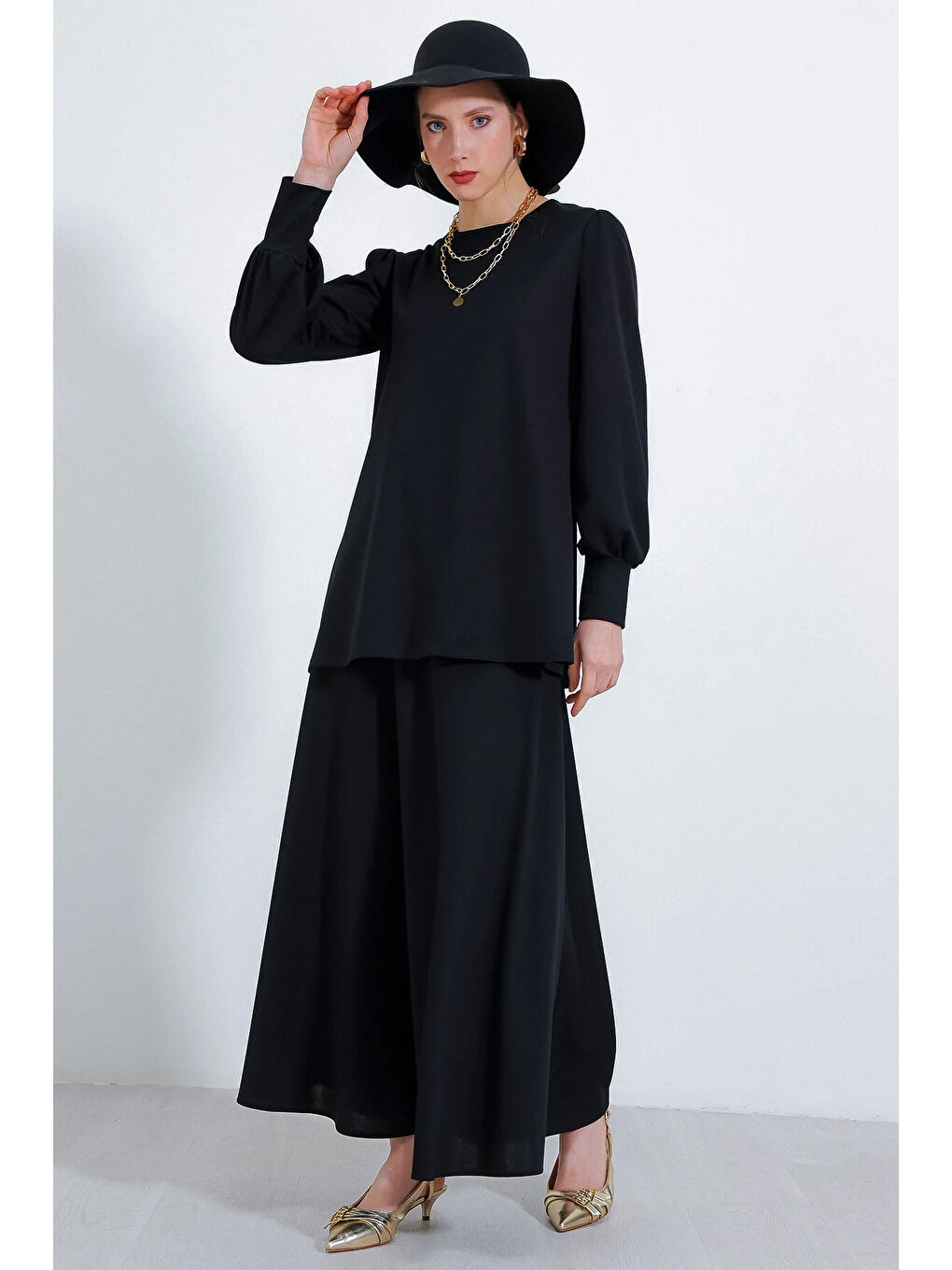 Kadın Siyah Örme Etek Tunik Alt Üst Takım HZL25S-BD180141-1