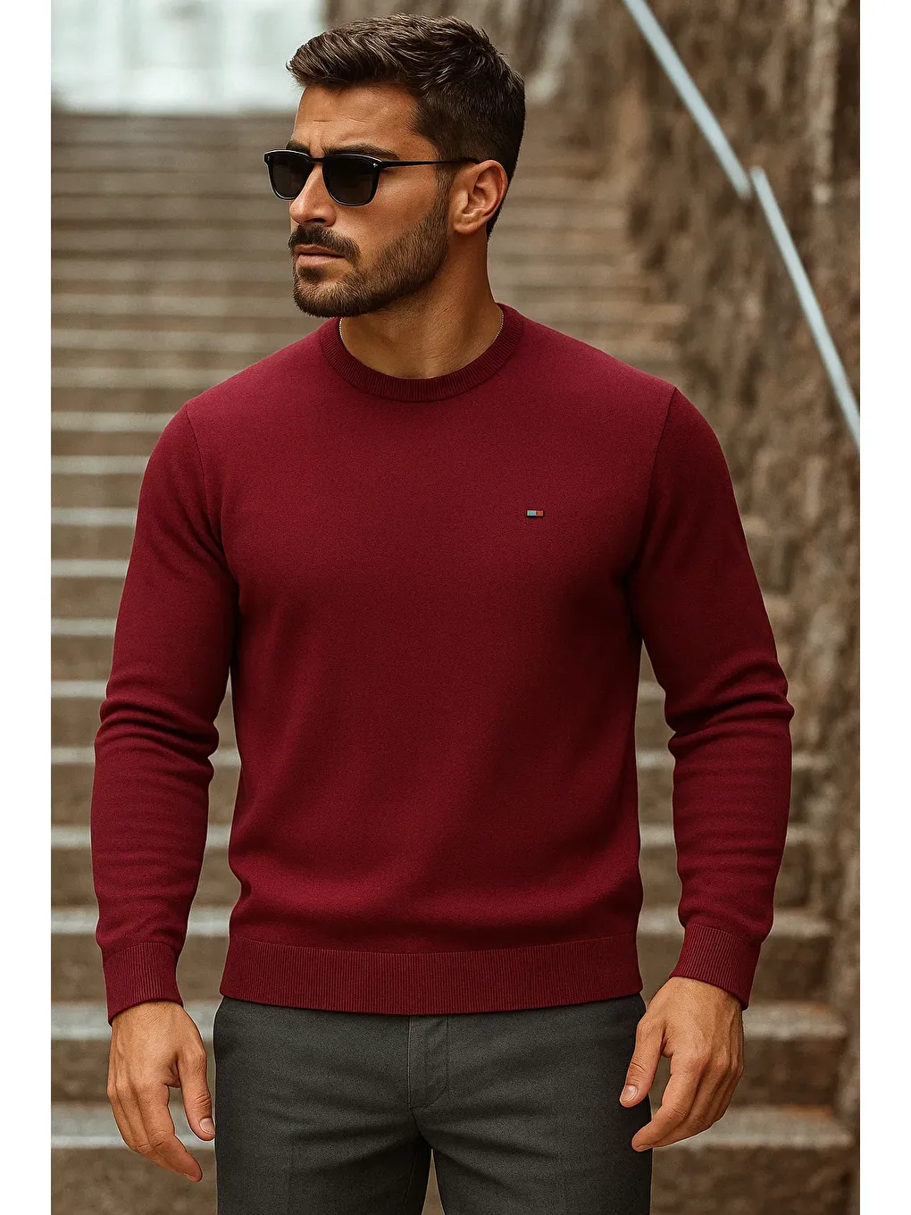 Erkek Günlük Trend Bisiklet Yaka Bordo Triko Kazak