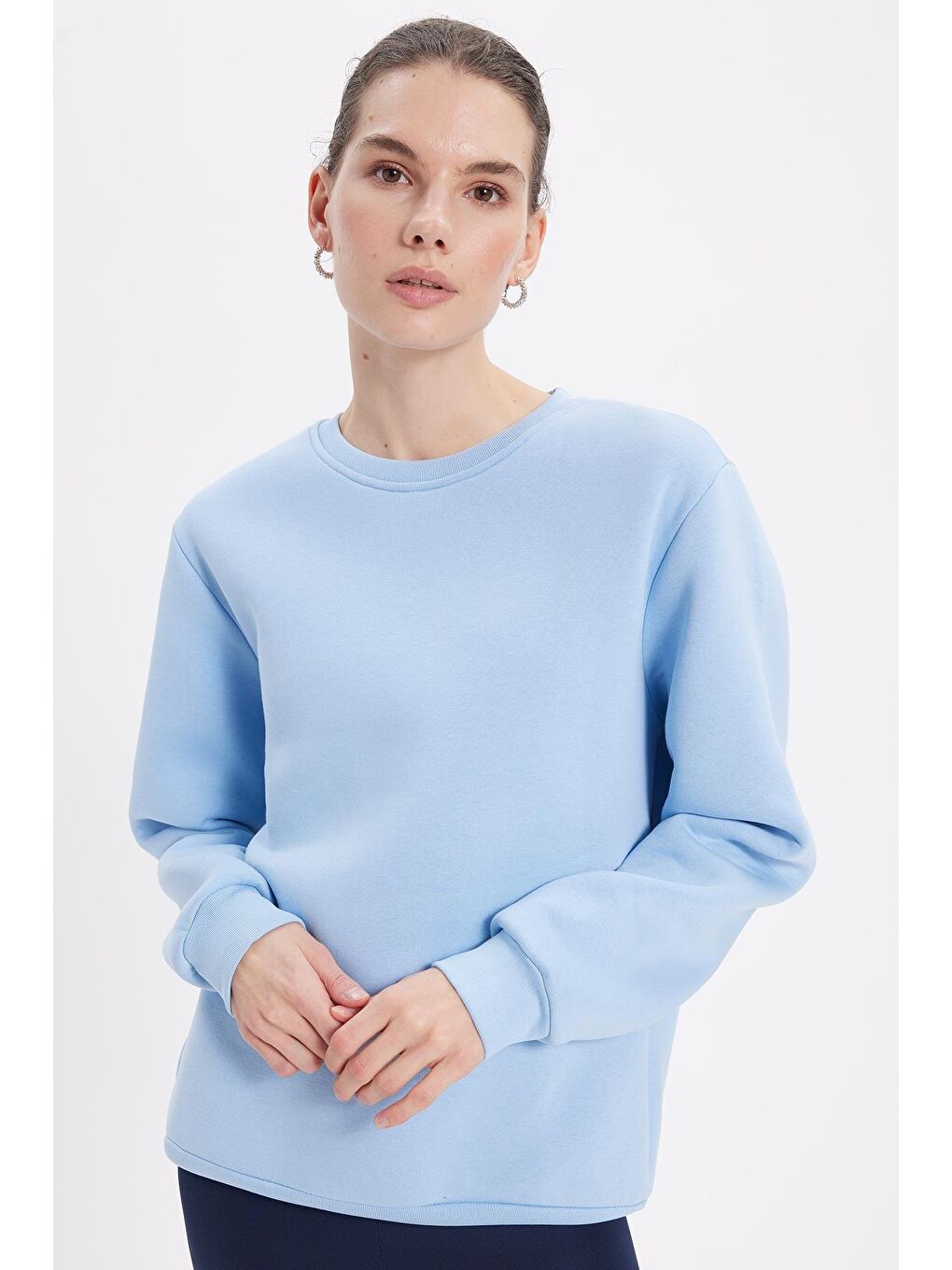 Kadın Oversize Geniş Kesim Pamuklu 3 İplik İçi Polarlı Basic Mavi Bisiklet Yaka Sweatshirt-1