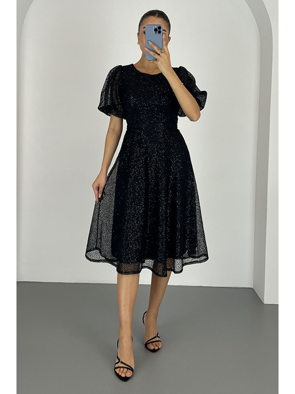 Kadın Siyah Kemerli Pul Payetli Midi Abiye Elbise-1