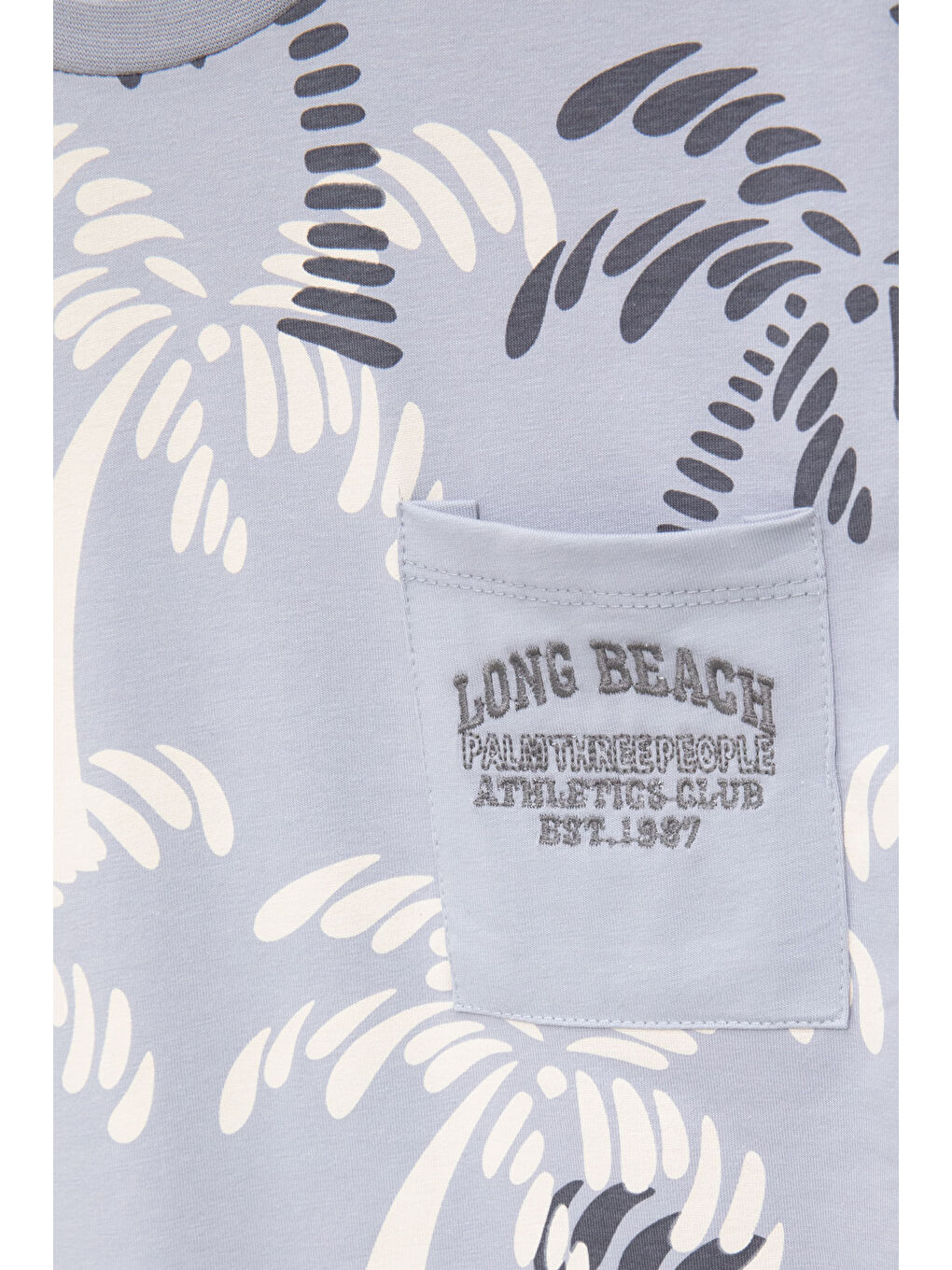 Gri Palmiye Desenli Yazılı Cepli Erkek Çocuk Bisiklet Yaka Tişört 20930-2