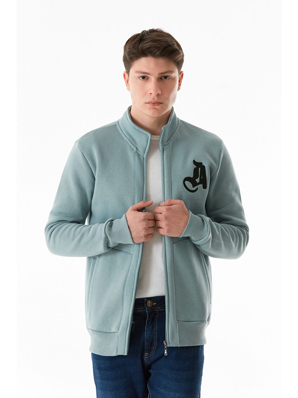 Yeşil 3 İplik Harf Baskılı  Dik Yaka Fermuarlı Sweatshirt-1