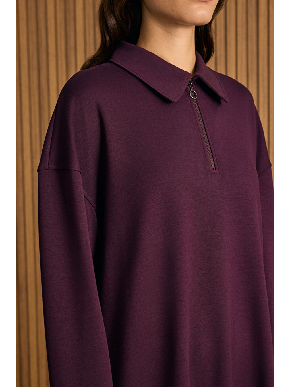 Bordo Yakası Fermuarlı Sweatshirt-1