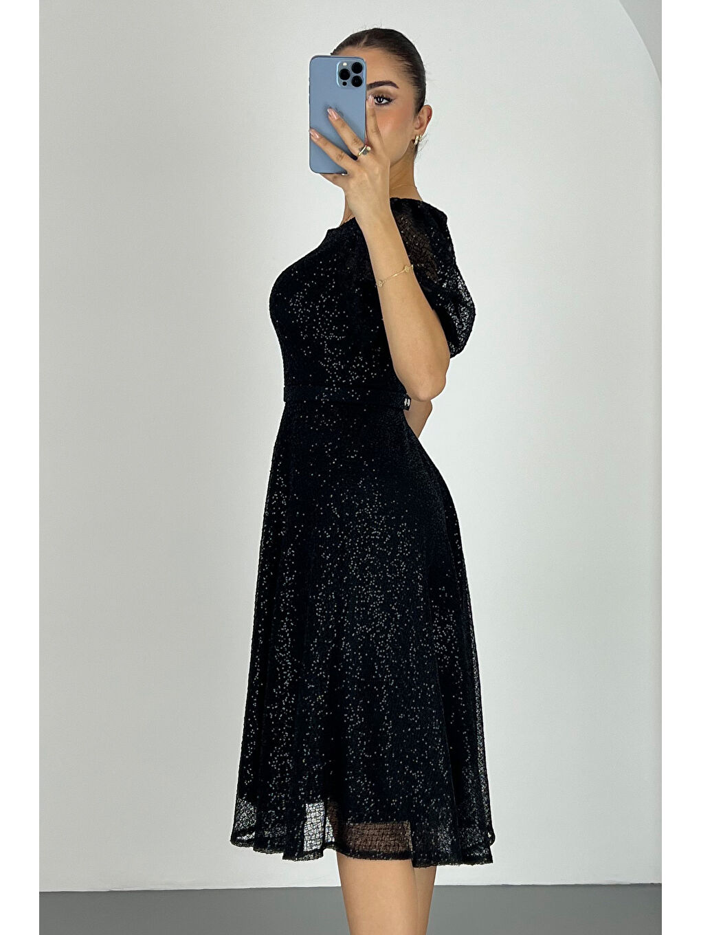 Kadın Siyah Kemerli Pul Payetli Midi Abiye Elbise-3