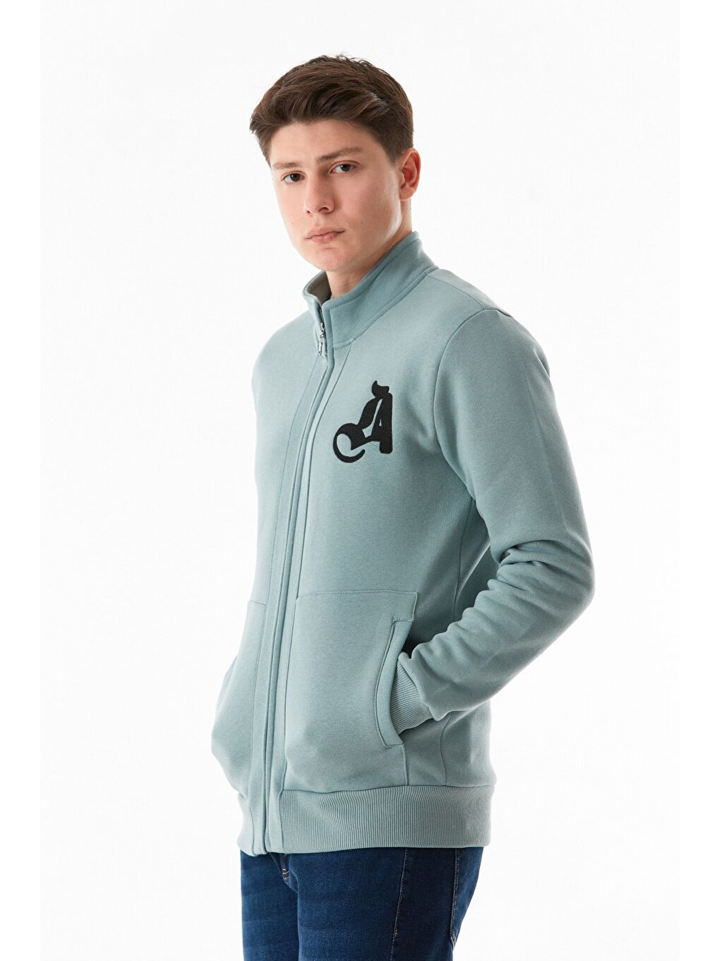 Yeşil 3 İplik Harf Baskılı  Dik Yaka Fermuarlı Sweatshirt-3