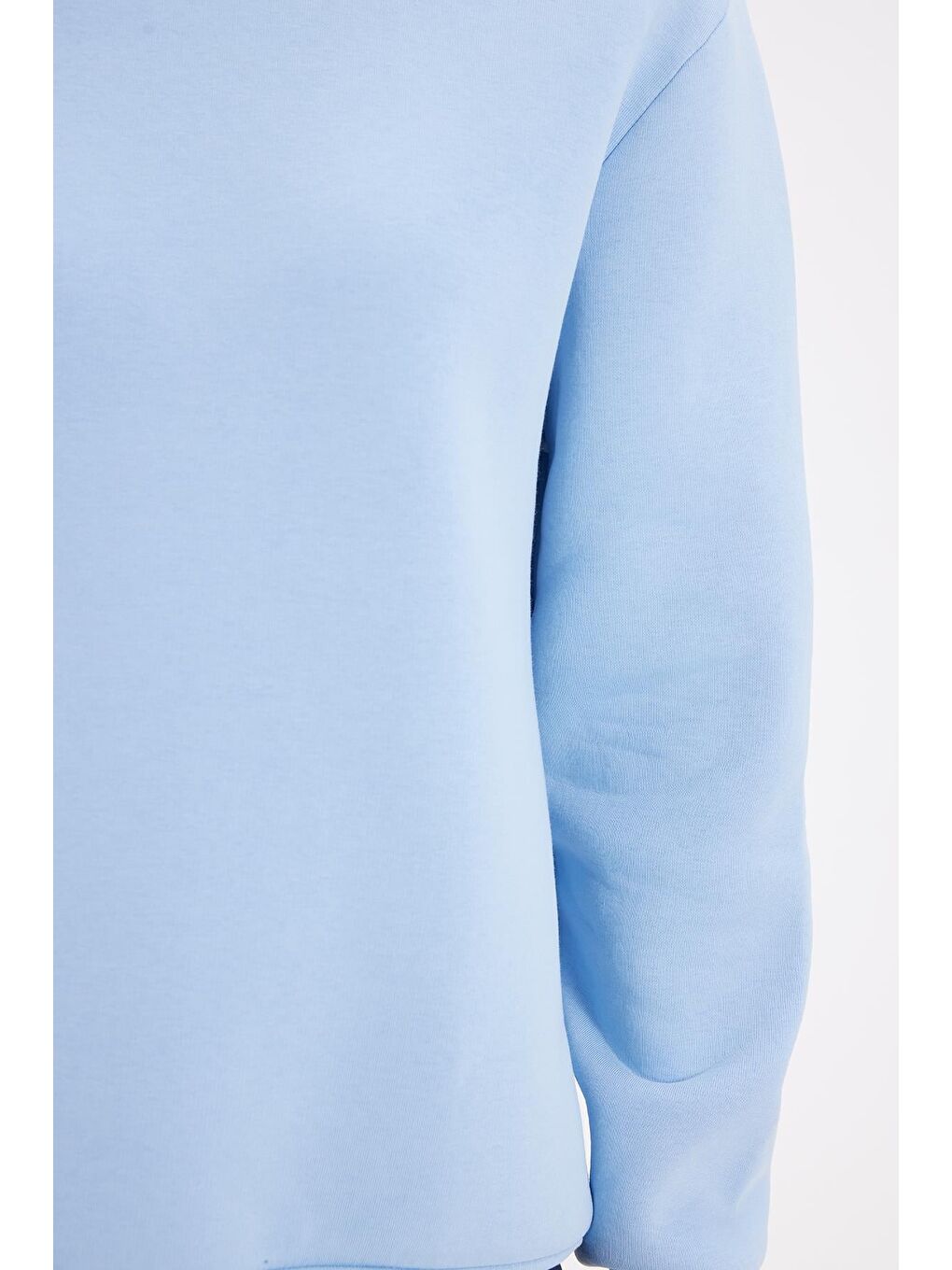 Kadın Oversize Geniş Kesim Pamuklu 3 İplik İçi Polarlı Basic Mavi Bisiklet Yaka Sweatshirt-2