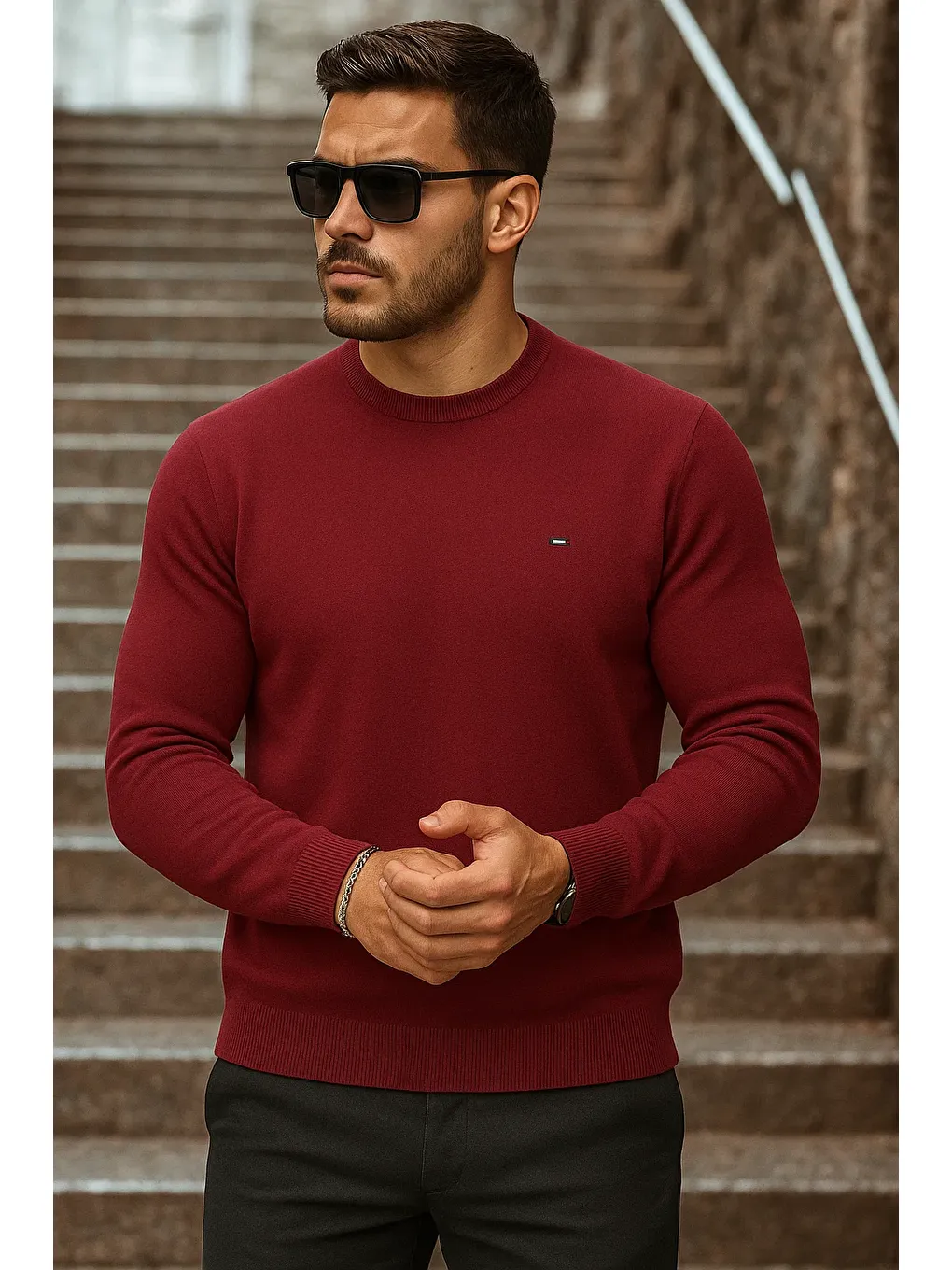 Erkek Günlük Trend Bisiklet Yaka Bordo Triko Kazak-1